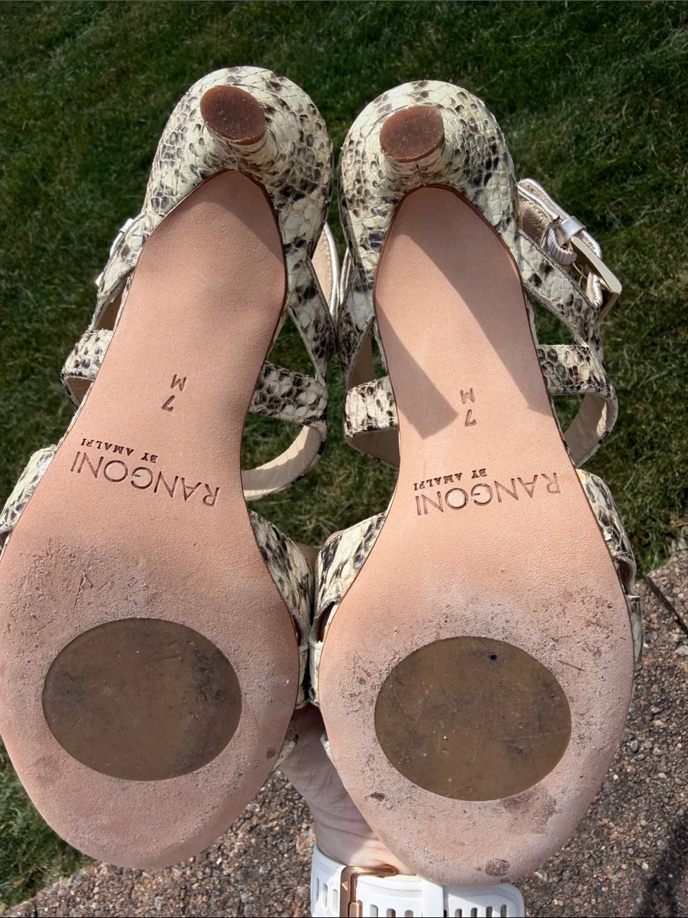 Rangoni Snake-Print Ankle Strap Heels in Beige and Cream